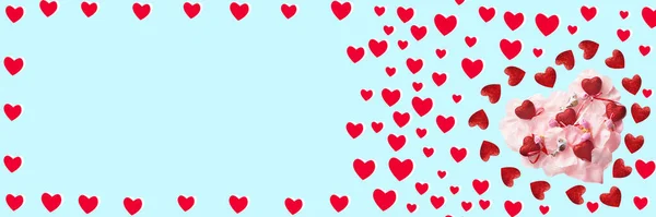 Червоні Серця Птахи Квіти Синьому Тлі Фестивальний Прапор День Святого — стокове фото
