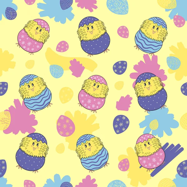 Pembe Mavi Leylak Kabuklu Tavuklar Sarı Arka Planda Paskalya Yumurtaları — Stok fotoğraf