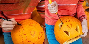 İki fotoğrafın kolajı, bir balkabağı canavarı yaratma süreci. Cadılar Bayramı 'nı kutlayalım. Bir kriko feneri yap..