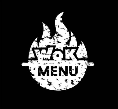 Wok menüsü. Tava kızartma ikonu. Menü, kafe, bar, poster, restoran, pankart, amblem, çıkartma, logo, etiket için vektör illüstrasyon. Siyah tahtada beyaz tebeşir. 