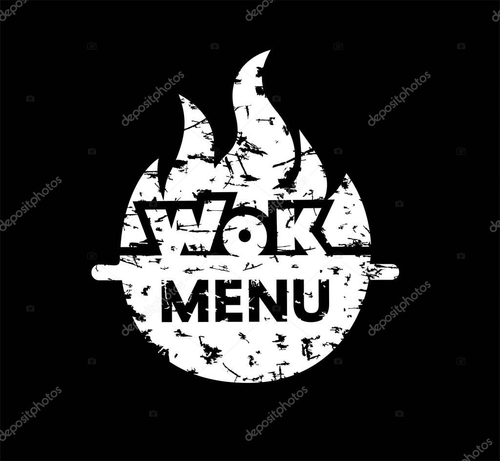 Wok menu. Wok frying pan icon. Vector illustration for menu, cafe,bar, poster, restaurant, banner, emblem, sticker, logo, label. White chalk on a black board.