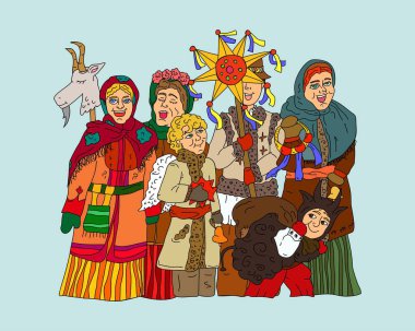 Ukrayna 'daki çocukların Noel tebrik kartı. Küçük Noel şarkıcıları, Ukrayna doğum sahnesi için geleneksel kahramanlar. Vektör illüstrasyonu. Noel ve Yeni Yıl tebrik kartı..