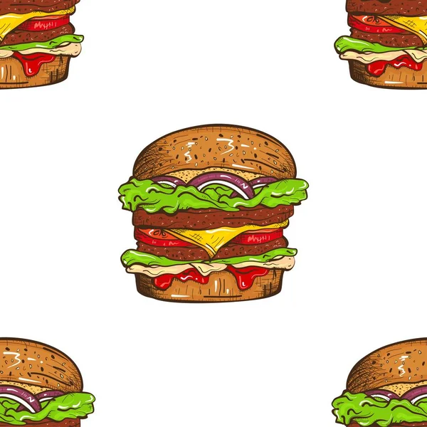 Patrón Delicioso Dibujo Hamburguesa Estilo Dibujado Mano Dibujo Volumétrico Aislado — Archivo Imágenes Vectoriales