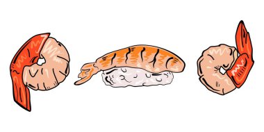 Beyaz arka planda izole edilmiş lezzetli karidesler. Karides, kabuksuz karides, et, suşi, nigiri. Tasarım, menü geliştirme, reklam, karides ürünlerinin ambalajı.