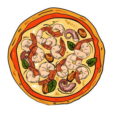 Beyaz üzerine izole edilmiş deniz mahsullü pizza. Lezzetli, renkli bir pizza resmi. Karides, ahtapot, midye, fesleğen. Üst görünüm.