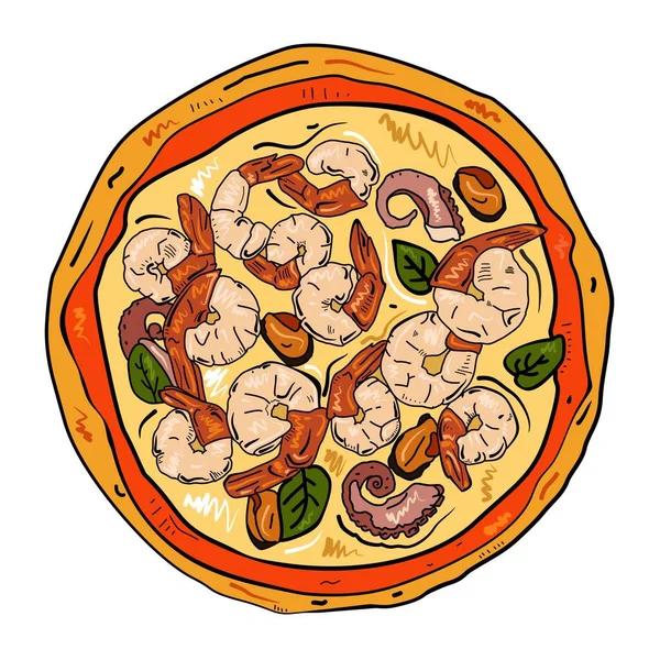 Pizza Dengan Makanan Laut Diisolasi Atas Putih Delicious Berwarna Warni - Stok Vektor