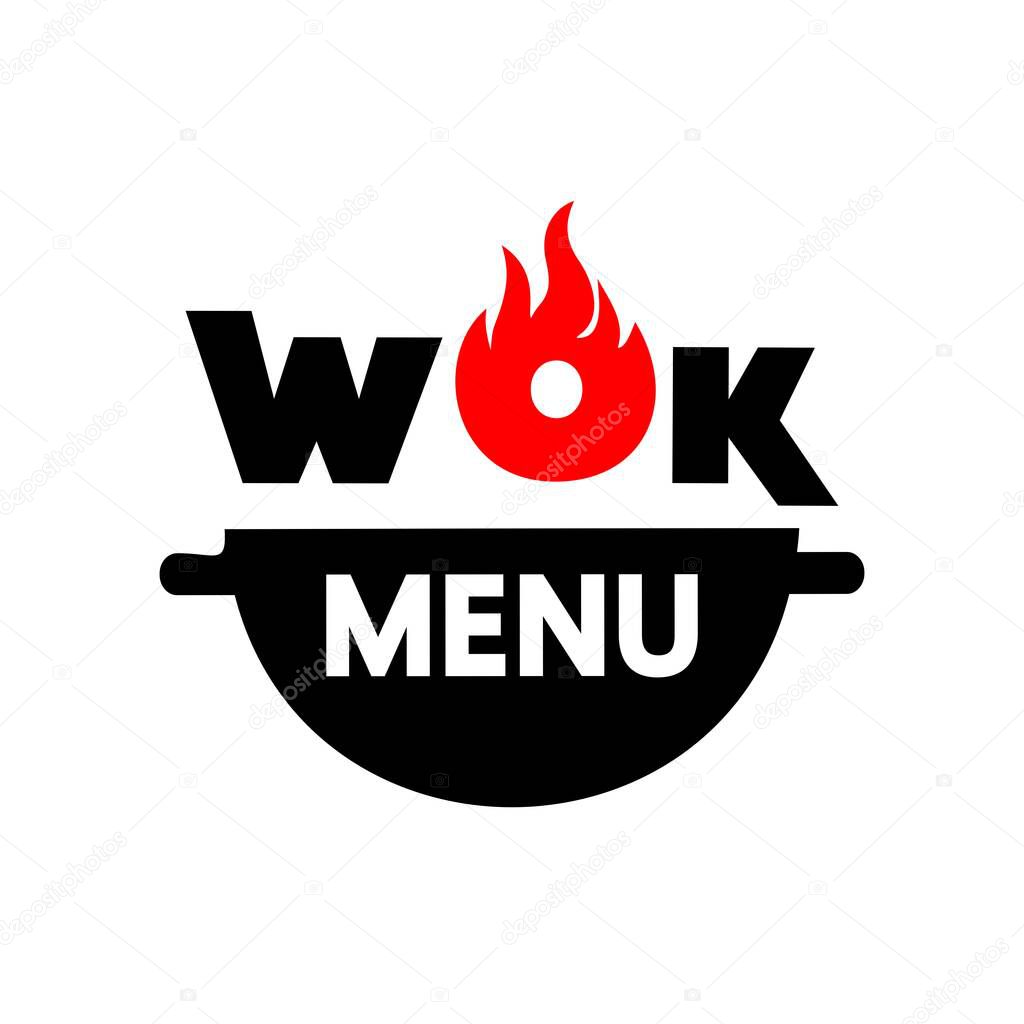 Wok Asian cuisine logo for Thai, Korean, Japanese or Chinese restaurant. Vector illustration.