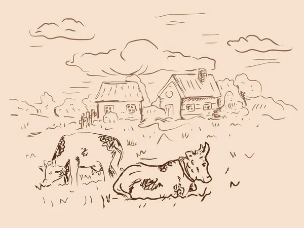 Молочна Ферма Сільський Пейзаж Корови Лузі Вінтажні Ілюстрації — стоковий вектор