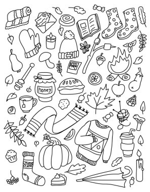  Set, Autumn doodles isolated objects on white background.Coloring book page for adult. 