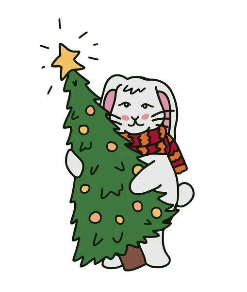 兔子抱着圣诞树 圣诞祝福 矢量漫画图解 — 图库矢量图片