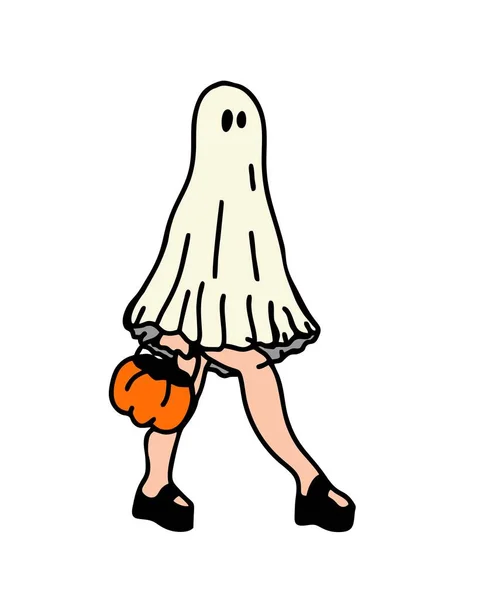 Een Vrouw Een Spookkostuum Met Een Laken Halloween — Stockvector