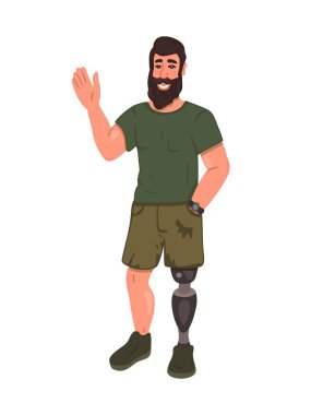 Protez bacaklı mutlu sakallı adam. Gülümsüyor ve elini sallıyor. Özürlü insanlar. Vektör.