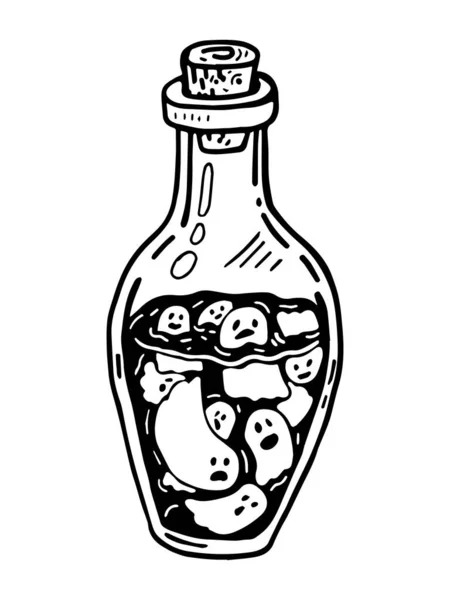 在瓶子里的鬼魂万圣节黑白插图 — 图库矢量图片