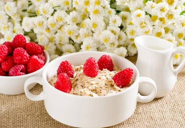 Oatmeal with raspberries — Stock Photo, Image