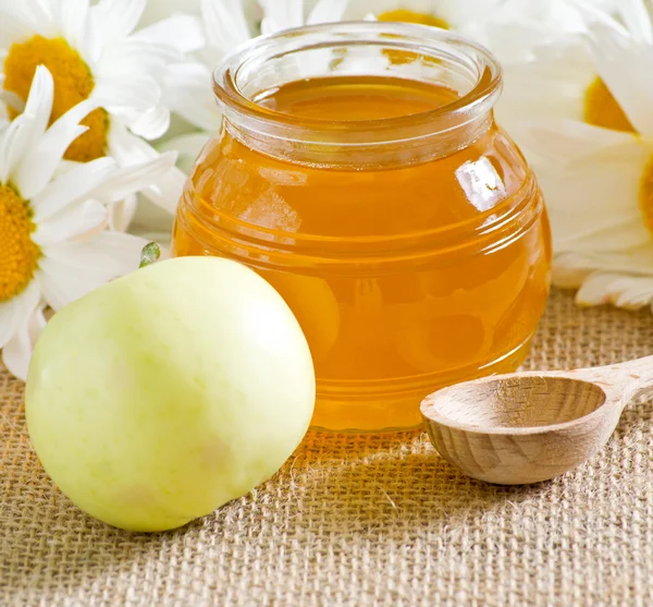 Tigela com mel e maçã — Fotografia de Stock