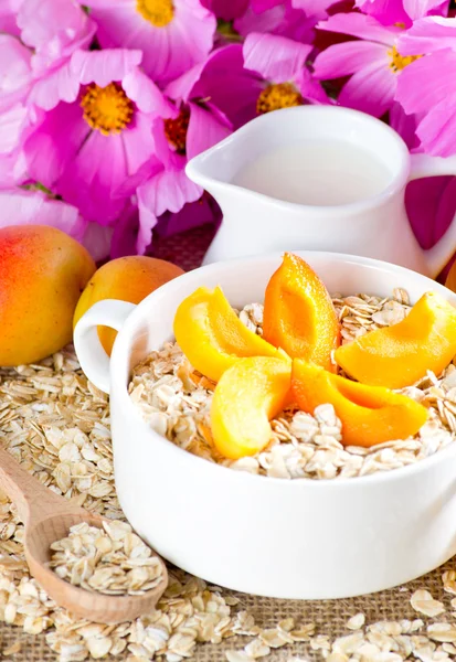 Apricot in the bowl, oatmeal and milk jug — Stock Photo, Image