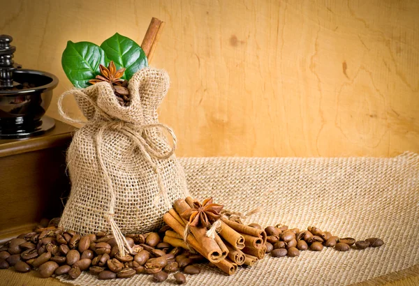 Coffee grains with bag — Stock Photo, Image