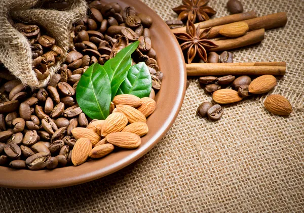 Coffee beans in ceramic plate with spices — Stock Photo, Image