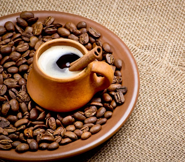 Coffee beans in ceramic plate with spices — Stock Photo, Image