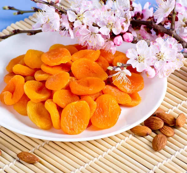 Sušené meruňky s mandlemi a kvetoucí větve — Stock fotografie