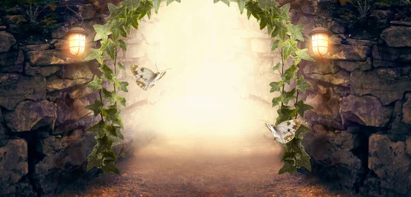 Duvarlarda ve kelebeklerde parlayan fenerlerin olduğu fantezi zindan mağarası, mağaradan mistik ışıltıya giden sihirli yolu aydınlatan, terk edilmiş harabelerle, yol ve tünellerle dolu sahne.