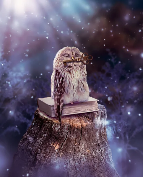 Fantasy wise sleeping owl is the keeper of secrets, bird sitting on book on tree stump and holds key to knowledge in beak in magical mysterious night forest with moon rays.