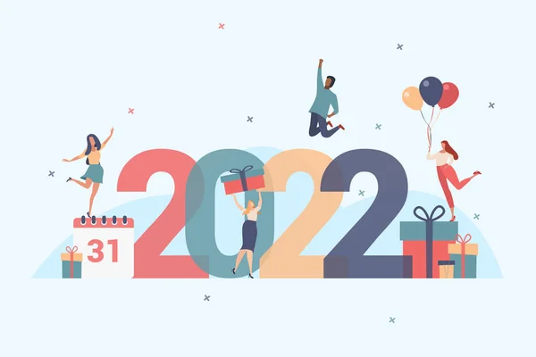 Mutlu insanlar yeni yılı selamlar. Düz bir şekilde vektör illüstrasyonu. Gençler mutlu Noeller diler.