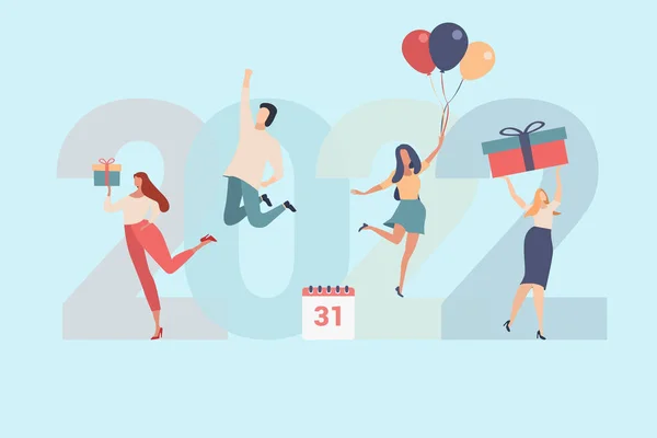 Mutlu insanlar yeni yılı selamlar. Düz bir şekilde vektör illüstrasyonu. Gençler mutlu Noeller diler.