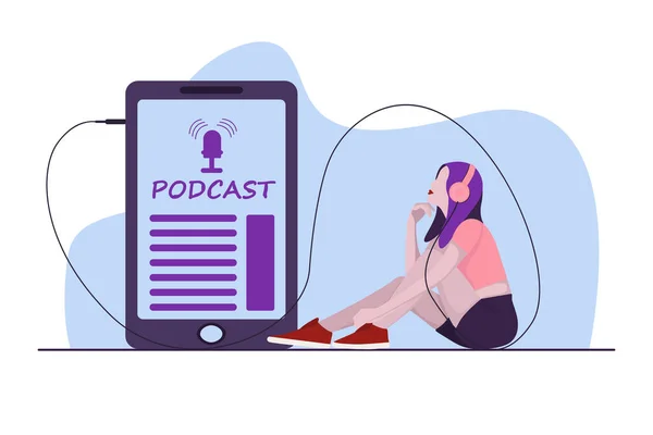 Podcast Webinar在线学习Podcast概念 年轻的女人坐在家里听播客 矢量说明 — 图库矢量图片#