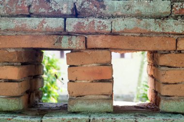 Arka plandaki eski tuğla duvar, istiflenmiş delikler arasından bak