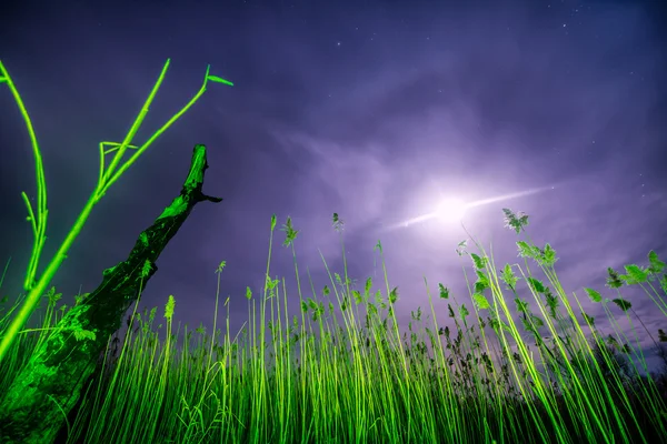 Rayos voladores OVNI - paisaje nocturno de luna llena — Foto de Stock