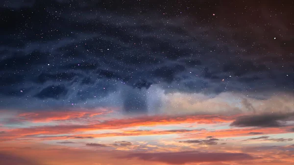 Dramatisch Orange Sonnenuntergang Bewölkt Dunkelblau Sternenhimmel Rosa Flauschige Wolkenhimmel Milchstraße — Stockfoto