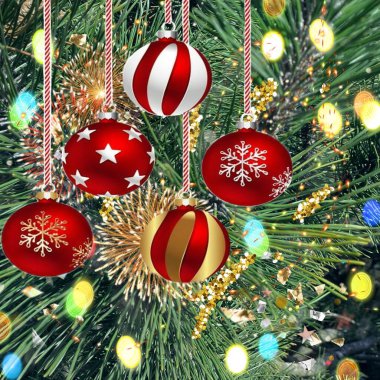 Noel ağacı yeşili arka plan, ağaç dallarında altın kırmızı top ve şenlikli konfeti bulanık ışık arka plan tebrik kartı şablonu afişi.