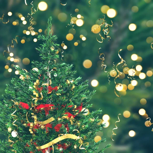 크리스마스 트리그린 배경에는 금색의 나뭇가지에 Confetti 축제는 배경에는 플레이트 깃발이 — 스톡 사진