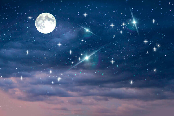 Big moon falling stars planet glowing light dark blue lilac starry nightbright star universe cosmic nebula milky way