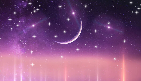 Big star on dark blue lilac starry night big moon bright universe cosmic nebula milky way astrology