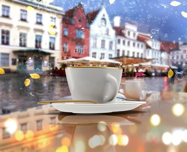 카페는 도시에서 비오는 가을의 이야기를 빗방울에는 길가의 카페테리아 위에는 조명이 — 스톡 사진