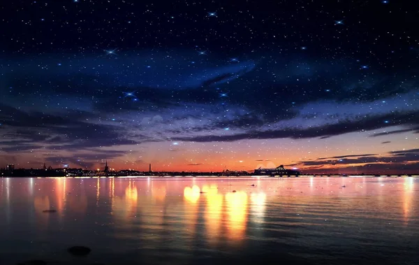 Noche Ciudad Luz Reflexión Sobre Agua Mar Azul Brillante Noche — Foto de Stock