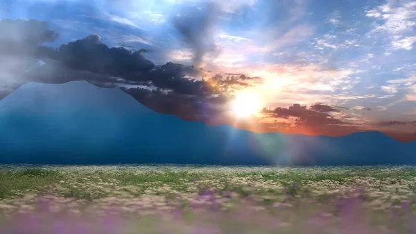 Mavi Dağlar Sisli Gün Batımı Gökyüzü Dramatik Bulutlar Güneş Işığı — Stok fotoğraf