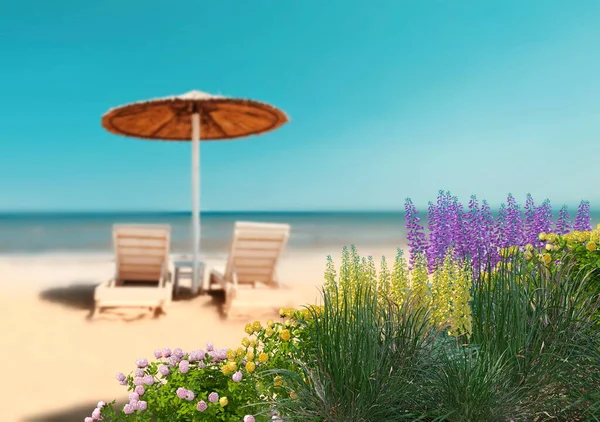 Blommor Stranden Halm Paraplyer Blå Himmel Solstolar Vit Sand Horisonten — Stockfoto