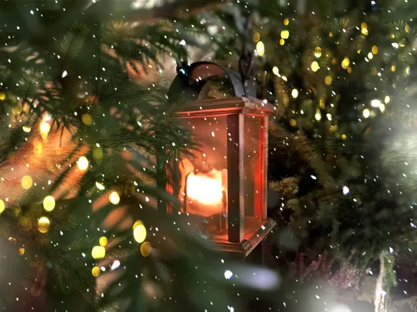 Weihnachten Grün Baum Zweig Orange Kerze Laterne Bokeh Licht Schneeflocken — Stockfoto