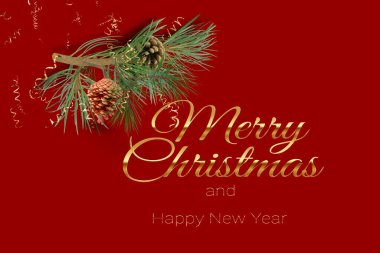  Kırmızı arka planda süslenmiş Mutlu Noeller. Kutlama kartı, bayram şablonu, fotokopi alanı afişi.