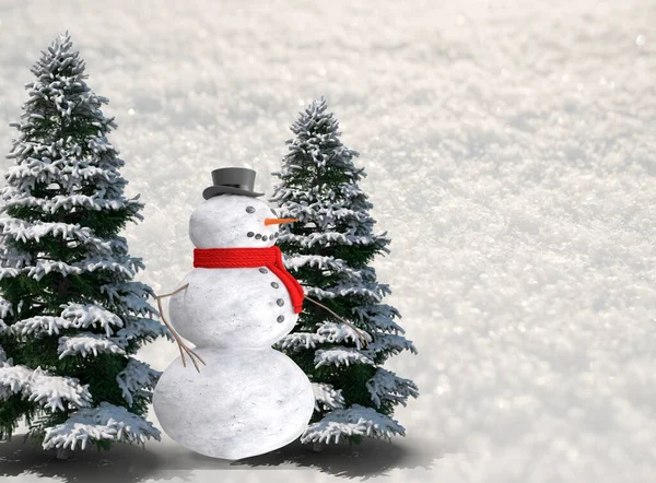 Karlı Beyaz Arka Planda Noel Kardan Adam Orman Yeşil Ağacı — Stok fotoğraf