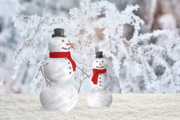 Twee Sneeuwpop Besneeuwde Winter Bos Achtergrond Close Van Bevroren Dennentak — Stockfoto