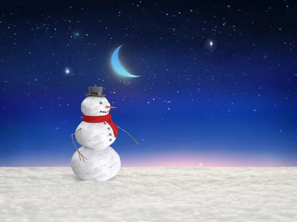 雪男と月の星空冬の雪の夜のお祝いクリスマスツリー青の自然景観背景グリーティングカード3 Dイラスト — ストック写真