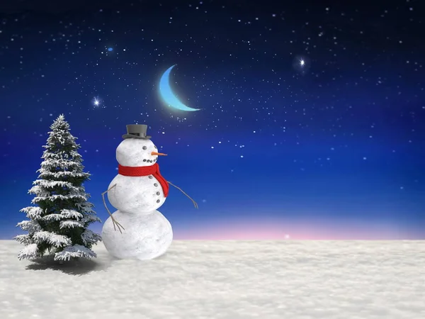 Снеговик Луна Звездном Небе Зимняя Снежная Погода Ночь Праздничная Елка — стоковое фото