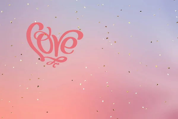 Feestelijke Valentijnsdag Wensen Vliegende Hart Met Goud Confetti Elementen Neon — Stockfoto