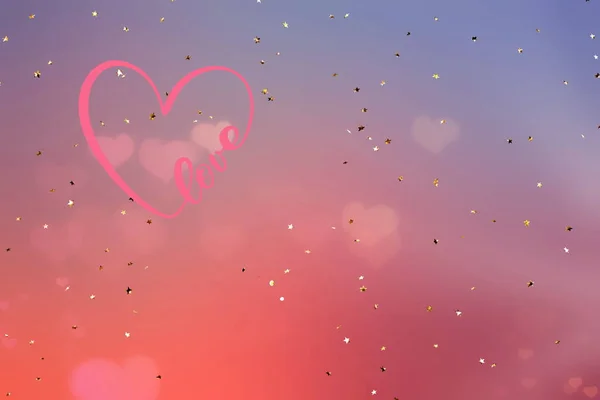 Świąteczne Walentynki Życzenia Latające Serce Złotymi Elementami Confetti Neon Różowy — Zdjęcie stockowe