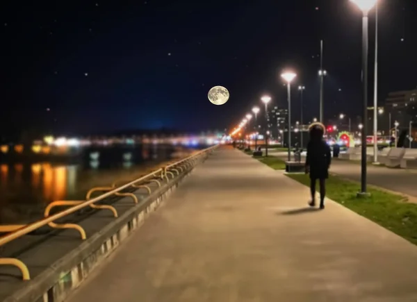 海側の夜の遊歩道青い星空と満月の通りの提灯海の水でぼやけた光人々シルエット歩くとリラックスタリンバルト海 — ストック写真