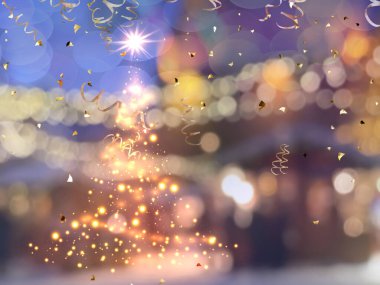  Bulanık ışıklı Noel ağacı elementleri altın konfeti tatil şablonu geçmiş tebrik kartı uzay afişini kopyala 